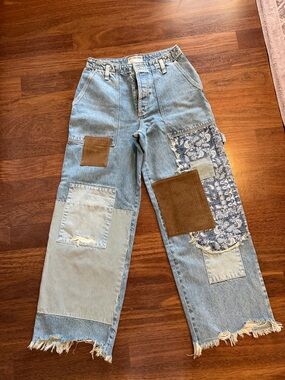 We The Free Light Blue Patchwork Straight Jeans with Brown Corduroy Patches